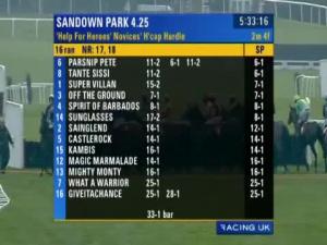 Video preview image for Sandown Park 16:25 - 'Help For Heroes' Novices' Handicap Hurdle