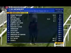 Video preview image for Newbury 13:30 - Dubai Duty Free Tennis Championships Maiden Stakes (Div 1) (Str)